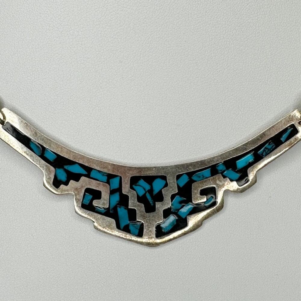 Vintage Alpaca Mexico Silver Tone Faux Turquoise Geometric Collar Necklace ✨ - Picture 4 of 9
